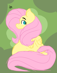 Size: 910x1167 | Tagged: safe, artist:somefrigginnerd, fluttershy, pegasus, pony, g4, abstract background, belly, big belly, cute, fat, fattershy, female, looking back, mare, sitting, sketch, solo, surprised