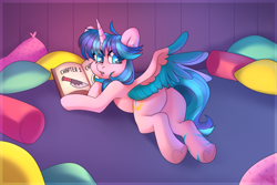 Size: 3000x2000 | Tagged: safe, alternate version, artist:sugarstar, oc, oc only, oc:neon star, alicorn, pony, rcf community, book, butt, colored wings, colored wingtips, cute, female, freckles, high res, horn, looking at you, looking back, lying down, open mouth, pillow, plot, solo, spread wings, tail, wings