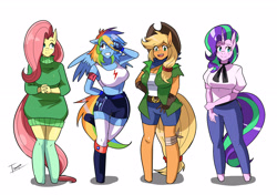 Size: 3472x2447 | Tagged: safe, artist:traupa, applejack, fluttershy, rainbow dash, starlight glimmer, earth pony, pegasus, unicorn, anthro, unguligrade anthro, g4, belt, blonde mane, blonde tail, blue fur, breasts, busty applejack, busty fluttershy, busty rainbow dash, busty starlight glimmer, clothes, confident, cowboy hat, denim shorts, digital art, female, fingerless gloves, gloves, gym shorts, hand on hip, happy, hat, high res, high socks, multicolored mane, multicolored tail, one eye covered, pants, pink mane, pink tail, rainbow tail, shirt, shorts, simple background, smiling, socks, stetson, sweater, sweatershy, tank top, white background, yellow fur