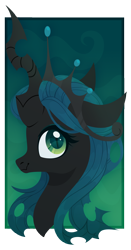 Size: 3000x5705 | Tagged: safe, artist:belka-sempai, queen chrysalis, changeling, changeling queen, g4, abstract background, absurd resolution, bust, crown, cute, cutealis, female, horn, jewelry, portrait, profile, regalia, smiling, solo