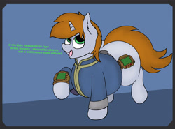 Size: 3720x2750 | Tagged: safe, artist:aaatheballoon, oc, oc only, oc:littlepip, pony, unicorn, fallout equestria, belly, big belly, clothes, ear fluff, fanfic, fanfic art, fat, fatlout equestria, female, high res, hooves, horn, jumpsuit, large butt, mare, not so little pip, open mouth, pipbuck, simple background, solo, stable-tec, text, the ass was fat, unicorn oc, vault suit