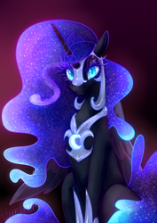 Size: 2480x3508 | Tagged: safe, artist:daryaberry, nightmare moon, alicorn, pony, g4, blue eyes, ethereal mane, eyelashes, female, high res, hoof shoes, horn, jewelry, looking at you, mare, nicemare moon, regalia, signature, sitting, smiling, solo, starry mane, wings