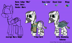 Size: 3837x2280 | Tagged: safe, artist:capt-sierrasparx, oc, oc only, oc:mist(captain), zebra, bat wings, clothes, female, foe adventures, high res, mare, reference sheet, shawl, wings