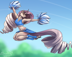 Size: 1267x1000 | Tagged: safe, artist:sunny way, oc, oc only, oc:sumac spirit, unicorn, anthro, unguligrade anthro, anthro oc, armpits, breasts, cheerleader, clothes, cloven hooves, cute, female, horn, jumping, long hair, looking at you, lovely, mare, midriff, patreon, patreon reward, pom pom, sideass, skirt, smiling, smiling at you, solo, sports bra