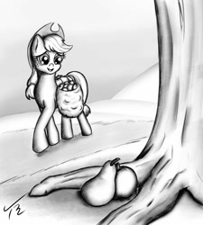 Size: 1024x1138 | Tagged: safe, alternate version, artist:tunrae, applejack, earth pony, pony, g4, apple, bag, black and white, digital art, female, food, grayscale, hat, implied bright mac, implied pear butter, monochrome, pear, saddle bag, solo, tree, walking