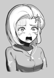 Size: 649x938 | Tagged: safe, artist:ceitama, trixie, equestria girls, g4, black and white, clothes, female, grayscale, hoodie, monochrome, shocked