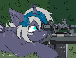 Size: 2192x1657 | Tagged: safe, artist:murmurrr, oc, oc only, oc:elizabat stormfeather, alicorn, bat pony, bat pony alicorn, pony, alicorn oc, bat pony oc, bat wings, bush, commission, female, grass, gun, horn, mare, one eye closed, prone, rifle, sniper rifle, solo, weapon, wings, ych result