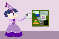 Size: 1536x1033 | Tagged: safe, artist:04startycornonline88, twilight sparkle, human, g4, board, clothes, dress, gloves, hennin, humanized, lesson, looking at something, pamphlet, picture, princess, science, teaching