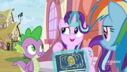 Size: 1600x900 | Tagged: safe, screencap, rainbow dash, spike, starlight glimmer, dragon, deep tissue memories, spoiler:deep tissue memories, spoiler:mlp friendship is forever, 9now, book, house, levitation, magic, outdoors, scrapbook, telekinesis, winged spike, wings