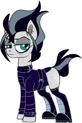Size: 1195x1804 | Tagged: safe, artist:taaffeiite, derpibooru exclusive, snow hope, earth pony, pony, g4, boots, clothes, collar, colored sketch, goth, gothic, jacket, leather jacket, male, piercing, request, requested art, shoes, simple background, sketch, stallion, transparent background