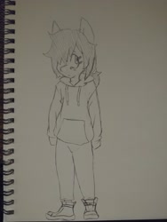 Size: 3120x4160 | Tagged: safe, artist:shpace, oc, oc only, oc:floor bored, anthro, clothes, hair over one eye, hoodie, monochrome, sketchbook, solo, traditional art