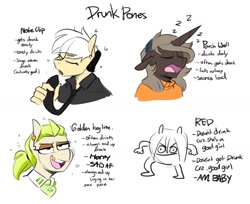 Size: 1809x1479 | Tagged: safe, artist:redxbacon, oc, oc only, oc:golden keylime, oc:note clip, oc:parch well, oc:red, anthro, drinking, drunk