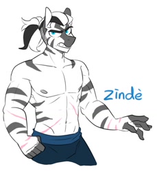 Size: 940x1026 | Tagged: safe, artist:redxbacon, oc, oc only, oc:zindè, zebra, anthro, clothes, male, partial nudity, solo, topless