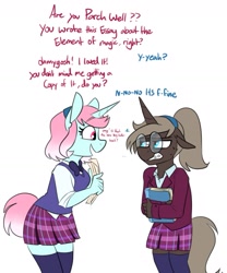 Size: 1391x1675 | Tagged: safe, artist:redxbacon, oc, oc only, oc:history quill, oc:parch well, pony, unicorn, anthro, anxiety, awkward, book, bowtie, braces, clothes, crystal prep academy uniform, cute, dork, embarrassed, glasses, hairband, jacket, nerd, neurodivergent, ocbetes, plaid skirt, pleated skirt, ponytail, school uniform, schoolgirl, simple background, skirt, social anxiety, socks, stuttering, sweat, thigh highs, vest, white background, younger