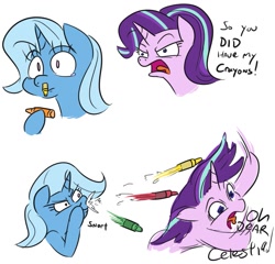 Size: 931x892 | Tagged: safe, artist:jargon scott, starlight glimmer, trixie, pony, unicorn, g4, comic, crayon, dialogue, don't try this at home, duo, female, male, mare, pew pew, simple background, teary eyes, the simpsons, white background