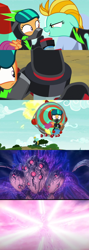 Size: 1280x3600 | Tagged: safe, artist:mega-poneo, edit, edited screencap, screencap, lightning dust, scootaloo, pegasus, pony, g4, abuse, astral chain, clothes, comic, crossover, explosion, female, filly, helmet, mare, meme, scootabuse, screencap comic, the washouts, uniform, video game, washouts uniform