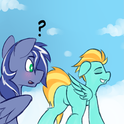 Size: 1023x1023 | Tagged: safe, alternate version, artist:anon_1515, lightning dust, oc, oc:lightning flare, pegasus, pony, g4, blushing, butt, canon x oc, cloud, commission, dock, duo, eyebrows, eyes closed, featureless crotch, female, floppy ears, folded wings, grin, gritted teeth, looking at butt, male, mare, on a cloud, plot, question mark, raised eyebrow, raised tail, rear view, sketch, smiling, spread wings, stallion, standing on a cloud, starry eyes, straight, tail, wingding eyes, wings