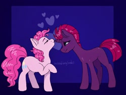 Size: 2048x1536 | Tagged: safe, artist:incendiarymoth, pinkie pie, tempest shadow, earth pony, pony, unicorn, g4, female, heart, kissing, lesbian, mare, shipping, tempestpie