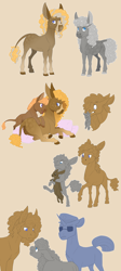 Size: 2500x5600 | Tagged: safe, artist:jackiebloom, oc, oc only, oc:dust bunny, oc:edith, donkey, hinny, hybrid, pony, rabbit, skvader, unicorn, foal, mouth hold, police officer, prone, simple background, tan background