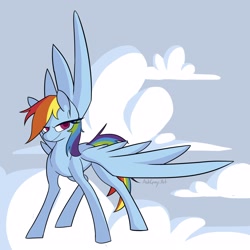 Size: 3000x3000 | Tagged: safe, artist:ashgray_art, rainbow dash, pegasus, pony, g4, cloud, colored pupils, female, high res, mare, on a cloud, sky, solo, spread wings, wings