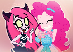 Size: 2880x2071 | Tagged: safe, artist:felux, pinkie pie, cat, anthro, equestria girls, equestria girls series, g4, alternate clothes, apron, breasts, cat ears, cheerleader, clothes, crossover, cupcake, cute, diapinkes, duo, eyelashes, eyes closed, eyeshadow, fangs, female, food, high res, makeup, namesake, open mouth, pinky (teen-z), pun, show accurate, simple background, skirt, sleeveless, smiling, smirk, teen-z, visual pun