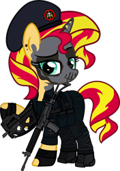 Size: 5000x7112 | Tagged: safe, artist:n0kkun, part of a set, sunset shimmer, pony, unicorn, g4, assault rifle, belt, beret, boots, bope, brazil, clothes, commission, ear piercing, earring, face paint, female, fingerless gloves, gloves, gun, hat, imbel md97, jewelry, knee pads, mare, p90, pants, piercing, police, pouch, radio, rifle, shirt, shoes, simple background, skull, solo, submachinegun, tank top, transparent background, weapon