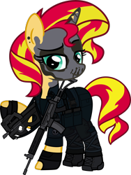 Size: 5000x6664 | Tagged: safe, alternate version, artist:n0kkun, part of a set, sunset shimmer, pony, unicorn, g4, assault rifle, belt, boots, bope, brazil, clothes, commission, ear piercing, earring, face paint, female, fingerless gloves, gloves, gun, imbel md97, jewelry, knee pads, mare, p90, pants, piercing, police, pouch, radio, rifle, shirt, shoes, simple background, skull, solo, submachinegun, tank top, transparent background, weapon