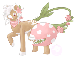 Size: 1762x1389 | Tagged: safe, artist:wendigold, oc, oc:bloom, oc:blossom, monster pony, original species, piranha plant pony, plant pony, augmented tail, female, flower, flower in hair, hair over one eye, neckerchief, plant, sharp teeth, signature, simple background, smiling, teeth, transparent background