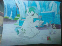 Size: 992x741 | Tagged: safe, artist:brbeginner, sandbar, pony, g4, uprooted, male, sapling, solo, traditional art, watering can