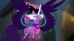 Size: 1080x596 | Tagged: safe, artist:diamond_confetti, twilight sparkle, alicorn, pony, equestria girls, g4, base used, equestria girls ponified, female, glowing horn, horn, mare, midnight sparkle, open mouth, ponified, solo, spread wings, wings