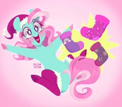 Size: 1280x1119 | Tagged: safe, artist:pastelperyton, minty, earth pony, pony, a very minty christmas, g3, christmas, christmas stocking, clothes, cute, female, hat, holiday, mintabetes, santa hat, socks, solo, that pony sure does love socks