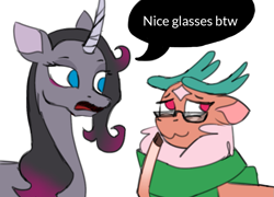 Size: 1001x722 | Tagged: safe, artist:nonameorous, artist:uselessgarbage, cashmere (tfh), oleander (tfh), deer, pony, reindeer, unicorn, them's fightin' herds, clothes, cloven hooves, community related, duo, female, glasses, mare, meganekko, scarf, simple background, speech bubble, white background