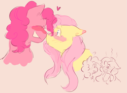 Size: 887x652 | Tagged: safe, artist:marshukitty, fluttershy, pinkie pie, earth pony, pegasus, pony, g4, blushing, boop, bust, eyes closed, female, heart, lesbian, noseboop, pink background, ship:flutterpie, shipping, simple background, swirly eyes