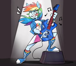Size: 1408x1222 | Tagged: safe, artist:klhpyro, rainbow dash, equestria girls, g4, my little pony equestria girls: rainbow rocks, awesome as i want to be, boots, clothes, coat, electric guitar, female, guitar, music notes, musical instrument, ponied up, shirt, shoes, skirt, sneakers, solo, spotlight, tongue out