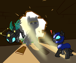 Size: 1616x1349 | Tagged: safe, artist:neuro, oc, oc:artemis sparkshower, changeling, pegasus, pony, fanfic:everyday life with guardsmares, 4chan, action pose, armor, circling stars, dizzy, everyday life with guardsmares, female, guardsmare, mare, royal guard, stunned