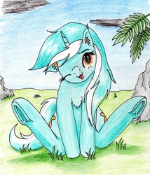 Size: 2336x2724 | Tagged: safe, artist:40kponyguy, derpibooru exclusive, lyra heartstrings, pony, unicorn, g4, 30 minute art challenge, ;p, both cutie marks, bunny sitting, chest fluff, cute, ear fluff, female, floppy ears, grass, head tilt, high res, lyrabetes, one eye closed, solo, tongue out, traditional art, underhoof, wink