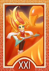 Size: 1200x1728 | Tagged: safe, artist:howxu, part of a set, sunset shimmer, phoenix, equestria girls, g4, clothes, cosplay, costume, electric guitar, female, flcl, flying v, gloves, guitar, guitar pick, haruhara haruko, musical instrument, persona, roman numerals, solo, symbol, tarot card, the world, windswept hair