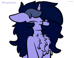 Size: 3250x2560 | Tagged: safe, artist:php142, oc, oc only, oc:purple flix, pony, unicorn, chest fluff, eyes closed, fluffy, high res, long hair, male, simple background, solo, stallion, text, white background