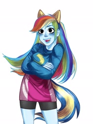 Size: 1536x2048 | Tagged: safe, alternate version, artist:xiwkyeh, rainbow dash, equestria girls, g4, :d, clothes, crossed arms, female, ponied up, simple background, smiling, solo, white background