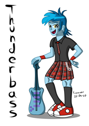 Size: 2044x2905 | Tagged: safe, artist:luzaver, thunderbass, equestria girls, equestria girls series, g4, chains, clothes, converse, crossdressing, electric guitar, genderfluid, guitar, high res, looking at you, male, musical instrument, necktie, nonbinary, pose, shirt, shoes, simple background, skirt, socks, solo, text, white background, wristband