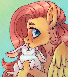 Size: 2400x2700 | Tagged: dead source, safe, artist:theswingingcat, angel bunny, fluttershy, pegasus, pony, rabbit, g4, animal, bust, chest fluff, duo, female, high res, looking at you, male, mare, paw pads, paws, profile, underpaw, wings