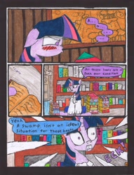 Size: 2509x3281 | Tagged: safe, artist:oatmeal155, twilight sparkle, pony, unicorn, comic:oat.meal, g4, blushing, book, bookshelf, bust, clothes, comic, ever emerald manor, high res, library, portrait, surprised, traditional art, unicorn twilight