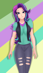 Size: 1276x2126 | Tagged: safe, artist:anonix123, starlight glimmer, equestria girls, equestria girls specials, g4, my little pony equestria girls: mirror magic, beanie, clothes, female, hat, human coloration, looking at you, pants, smiling, solo
