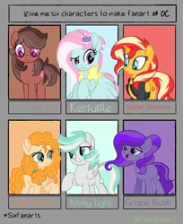 Size: 1080x1325 | Tagged: safe, artist:cool_karen1, kerfuffle, pear butter, sunset shimmer, oc, oc:minty light, earth pony, pegasus, pony, unicorn, g4, my little pony: rainbow roadtrip, :d, clothes, eyelashes, female, hairpin, looking down, mare, open mouth, raised hoof, six fanarts, smiling