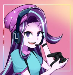 Size: 1280x1319 | Tagged: safe, artist:yukoharis, starlight glimmer, equestria girls, equestria girls specials, g4, abstract background, beanie, bust, clothes, commission, controller, cute, female, gamer, glimmerbetes, hat, headset, joystick, looking at you, playstation 4, portrait, signature, smiling, solo