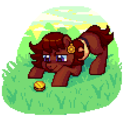 Size: 638x606 | Tagged: safe, artist:hikkage, oc, oc only, oc:ruby rouge, pony, colt quest, bits, coin, crouching, eyes on the prize, pixel art, simple background, solo, white background