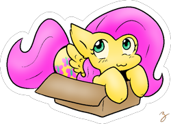Size: 659x477 | Tagged: safe, artist:zutcha, fluttershy, pegasus, pony, g4, :3, aside glance, box, cute, female, flutterbox, if i fits i sits, looking at you, looking up, outline, pony in a box, shyabetes, simple background, solo, three quarter view, transparent background, white outline, wings