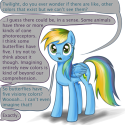 Size: 500x500 | Tagged: safe, artist:ohthatandy, rainbow dash, comic:ask mentally advanced twilight, g4, color blindness, dialogue, exposition, implied twilight sparkle, offscreen character