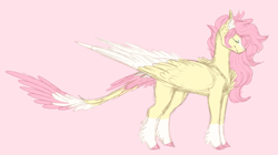Size: 973x546 | Tagged: safe, artist:starlitartican, fluttershy, pegasus, pony, g4, blaze (coat marking), coat markings, colored hooves, colored wings, facial markings, female, leonine tail, mare, pink background, profile, redesign, simple background, smiling, socks (coat markings), solo, tail feathers, wings