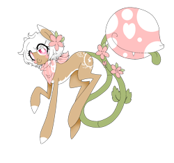 Size: 1622x1525 | Tagged: safe, artist:pudgyplushie, oc, oc:bloom, oc:blossom, monster pony, original species, piranha plant pony, plant pony, augmented tail, fangs, female, flower, flower in hair, neckerchief, plant, raised hoof, simple background, smiling, tongue out, transparent background